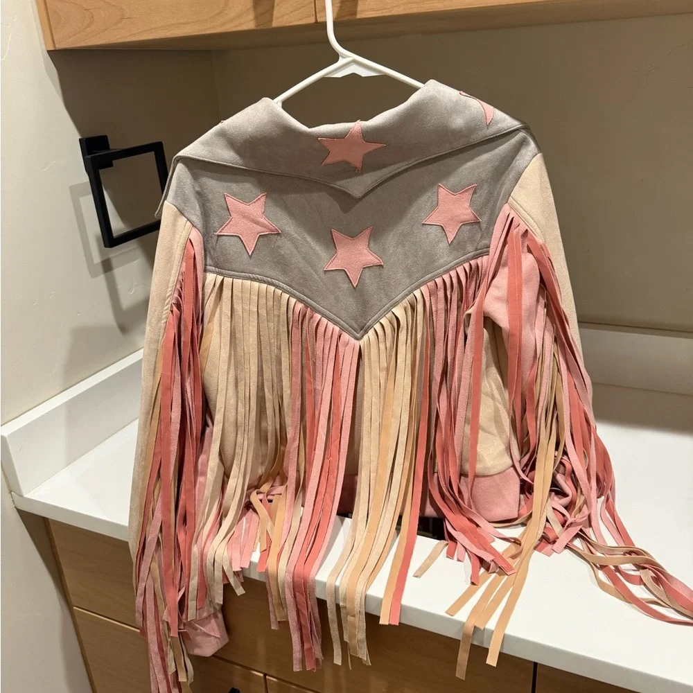 Cowgirl Kim Women's Fringe Jacket - Pink and Tan - Picture 2 of 3